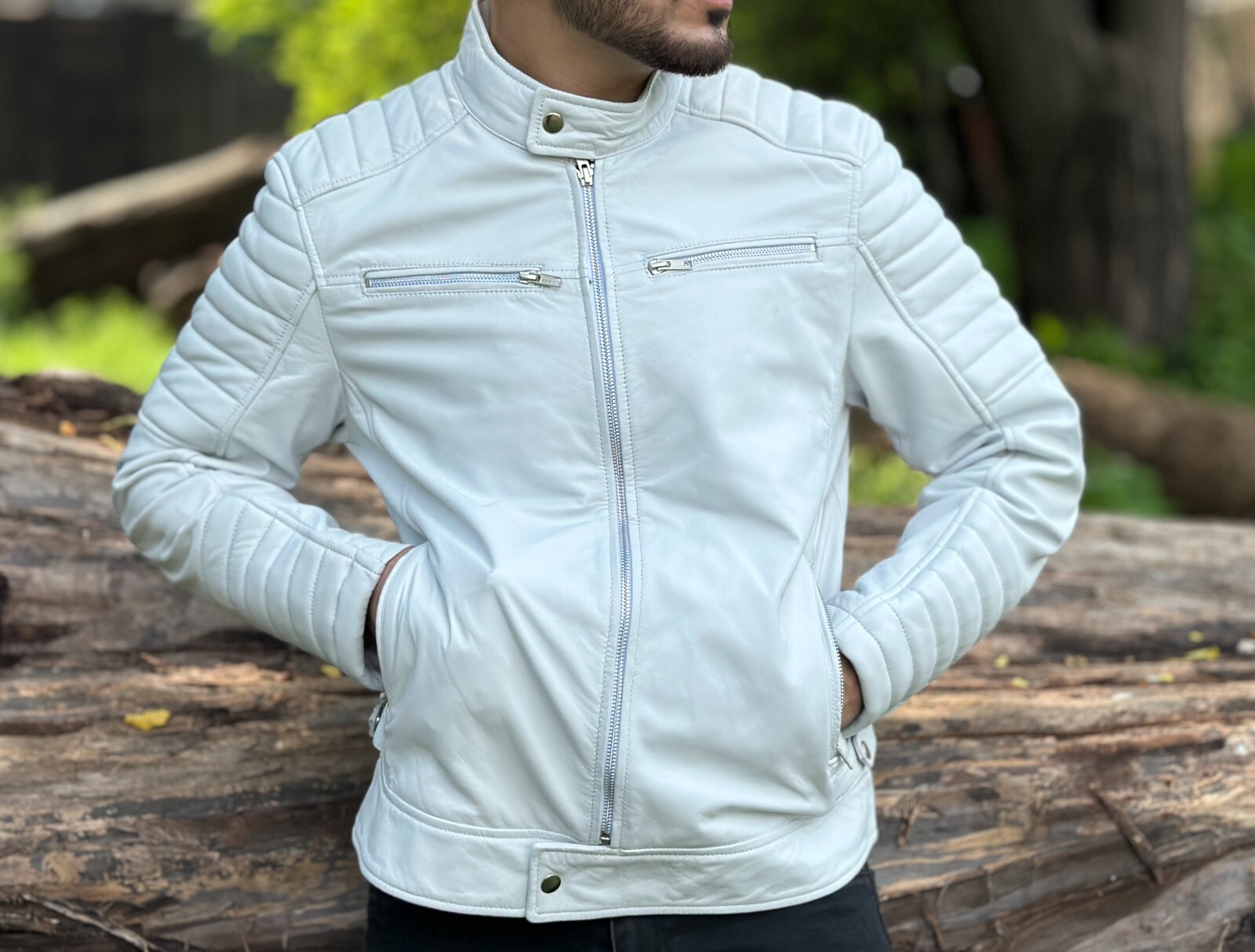 Men White Leather Jacket Genuine Real Lambskin Leather Motorcycle Biker Jacket
