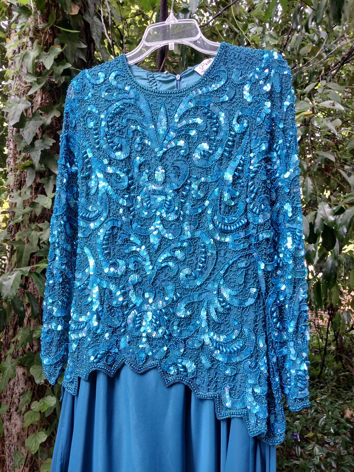 90s Blue Beaded Maxi Dress Ballgown Size Med Prom Vintage Med Turquoise Mermaid