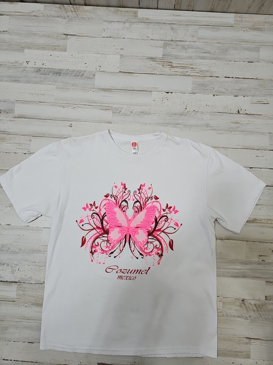 Women’s Sz Large Short Sleeve T-Shirt Cozumel Mexico Pink & White Butterfly