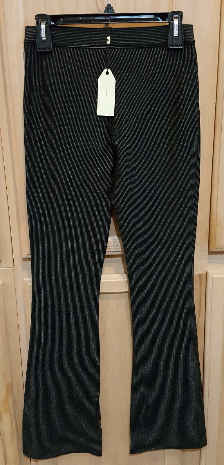 Sophie Max Studio 3B11A04 Black Pinstripe Stretch Rayon Flare Leg Pant w/Pockets