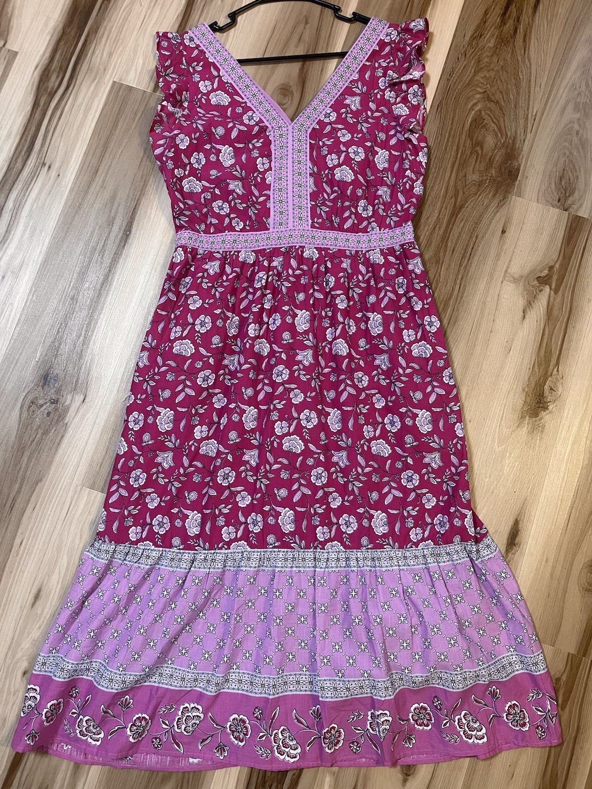 New Loft Size 8 Border Ruffle Midi Pocket Dress Fushia Lilac Floral Boho Tiered