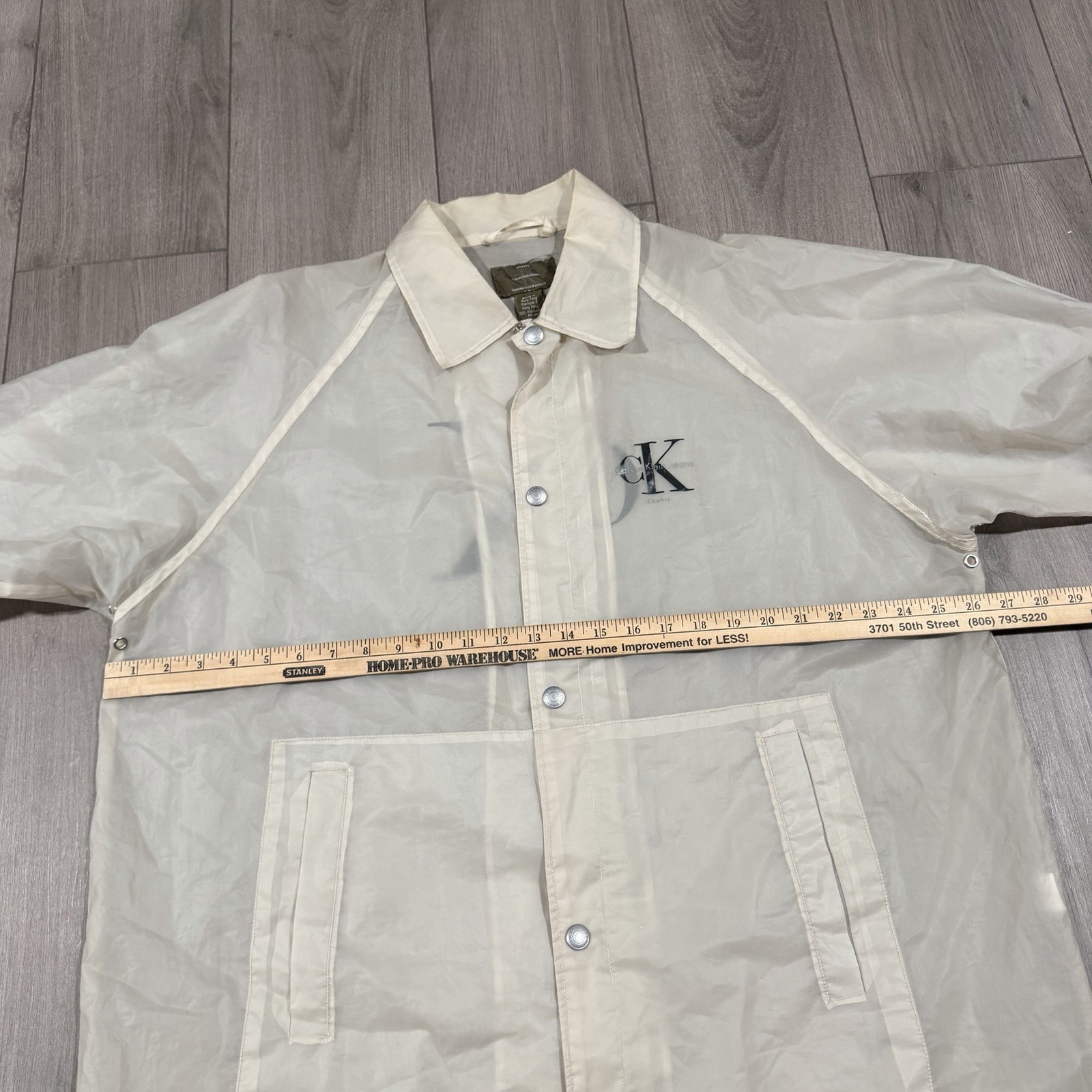 VTG RARE Calvin Klein Rain Jacket Mens Large Hood Clear Transparent Plastic PVC