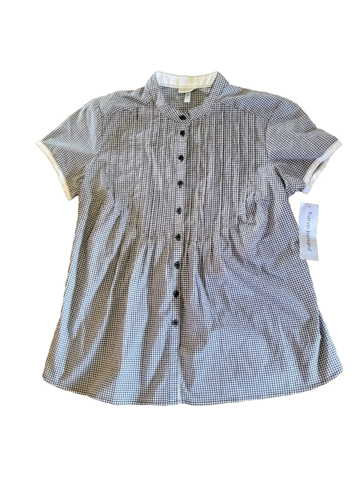 Harvé Benard Black & White Gingham Button Down Back Tie Shirt M NEW