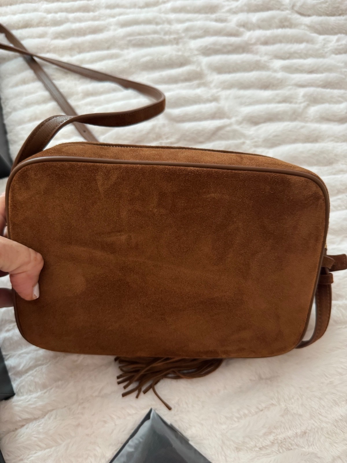 YSL LOU CAMERA BAG IN QUILTED YUMMY SUEDE. Gold bead accents and Whipstitched