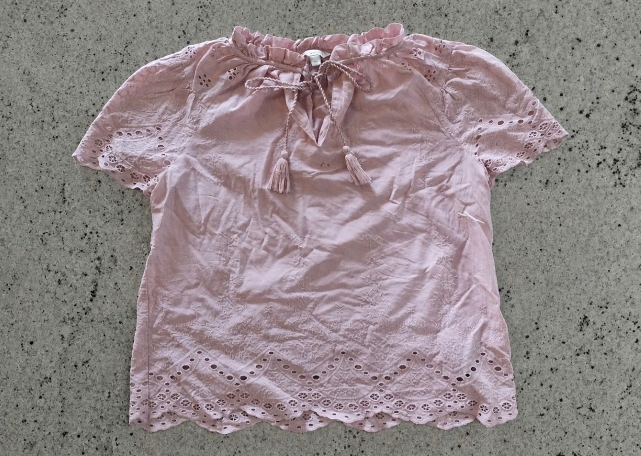 MONSOON Pink Eyelet Cotton Ruffle Embroidered Blouse Round Neck Short Sleeve M