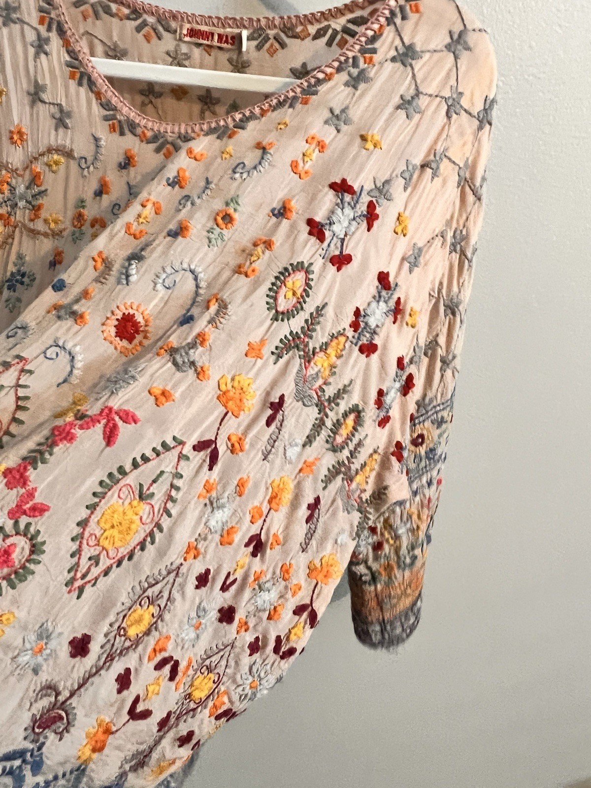 Johnny Was Blouse Top Womens Large Silk Embroidered Floral Boho Hippie Artsy