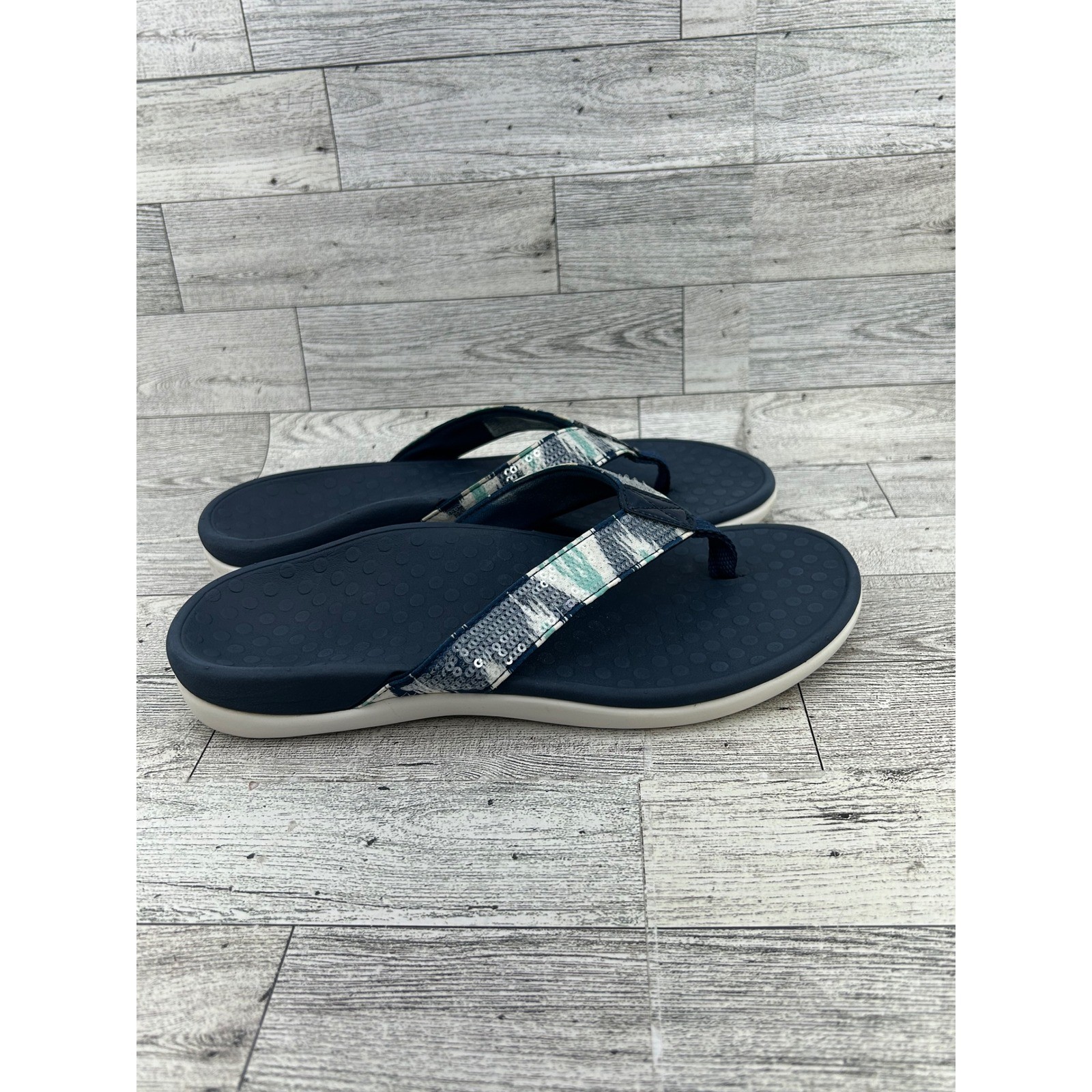 Vionic Tide Sequins Navy Blue Mint Orthotic Thong Sandals Women Size 6 44TIDESQ