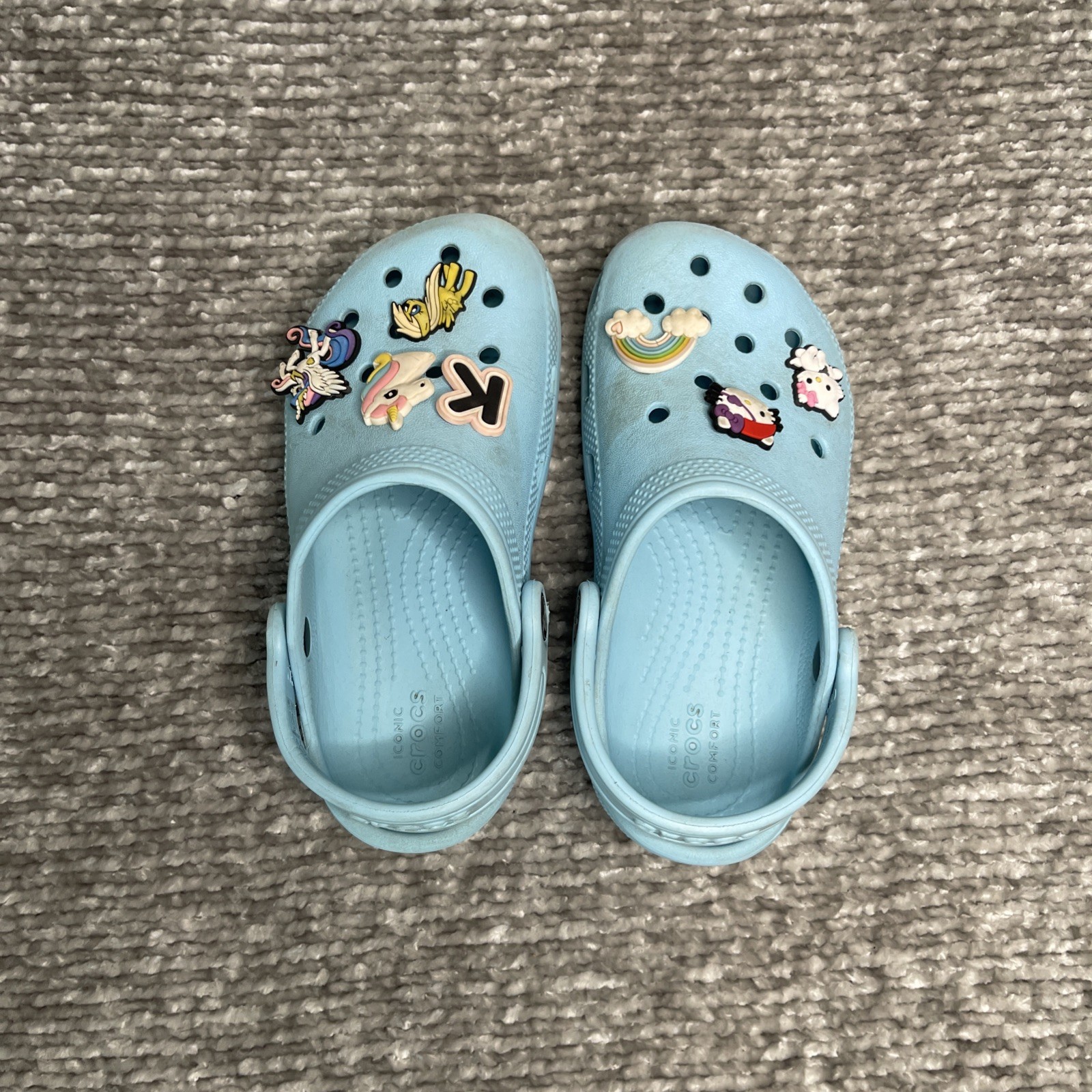 CROCS Sz 12 Blue Classic Clogs w/ Removable Jibbitz My Little Pony Hello Kitty