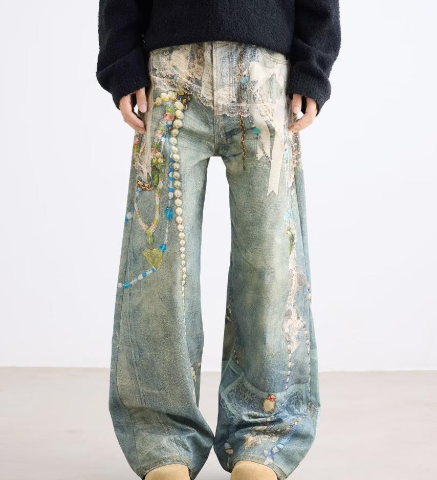 Men’s Retro Blue Denim Straight Leg Printed Jeans Punk Hip Hop Casual Trousers