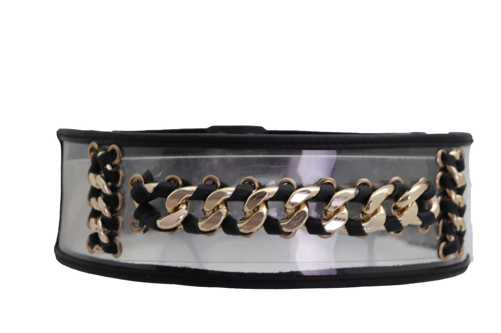 Women Black Elastic Wide Waistband Miami Beach Sexy Belt Gold Metal Chain XS S