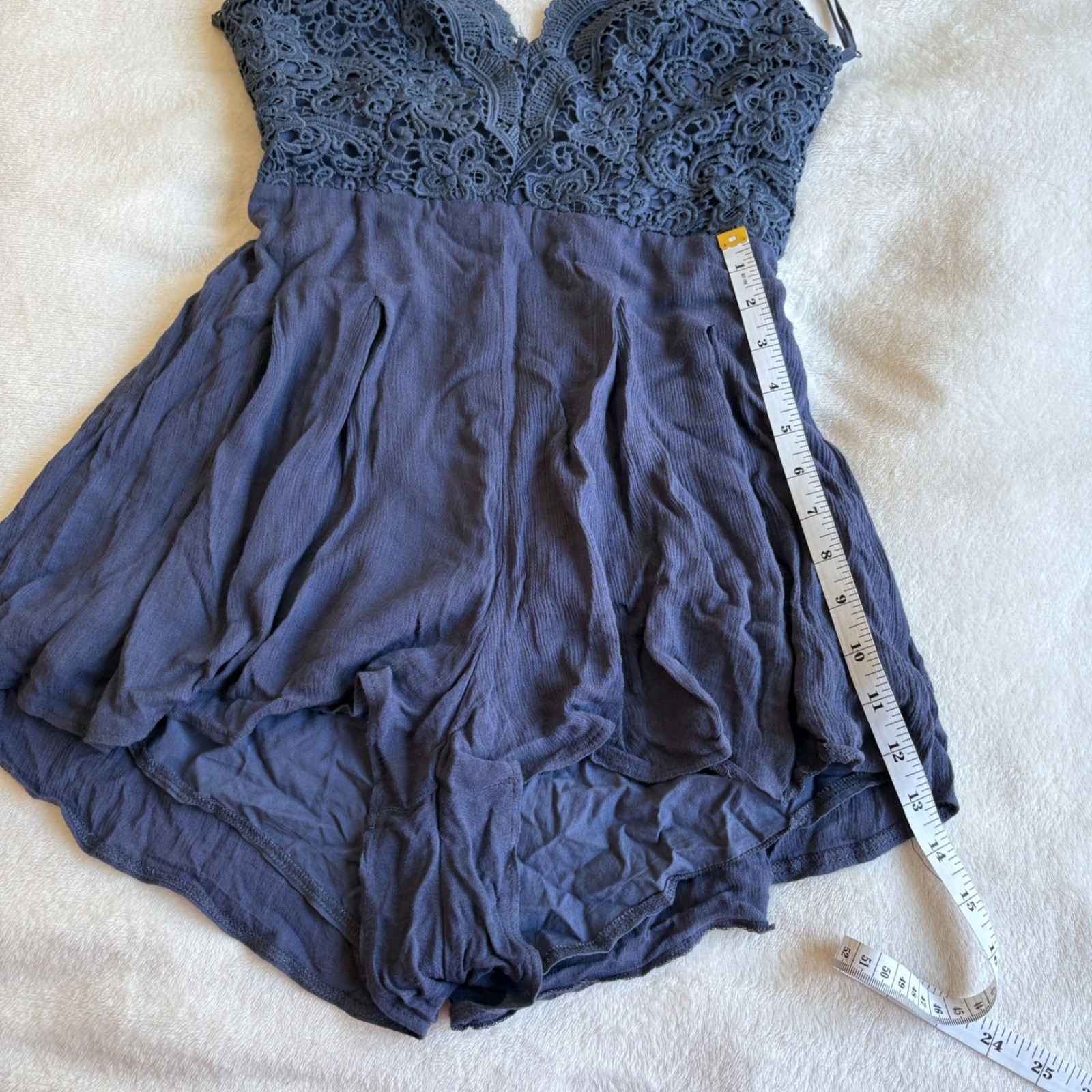 Boho Crochet Lace Backless Romper Navy Blue Festival Summer Sun Dress Size M