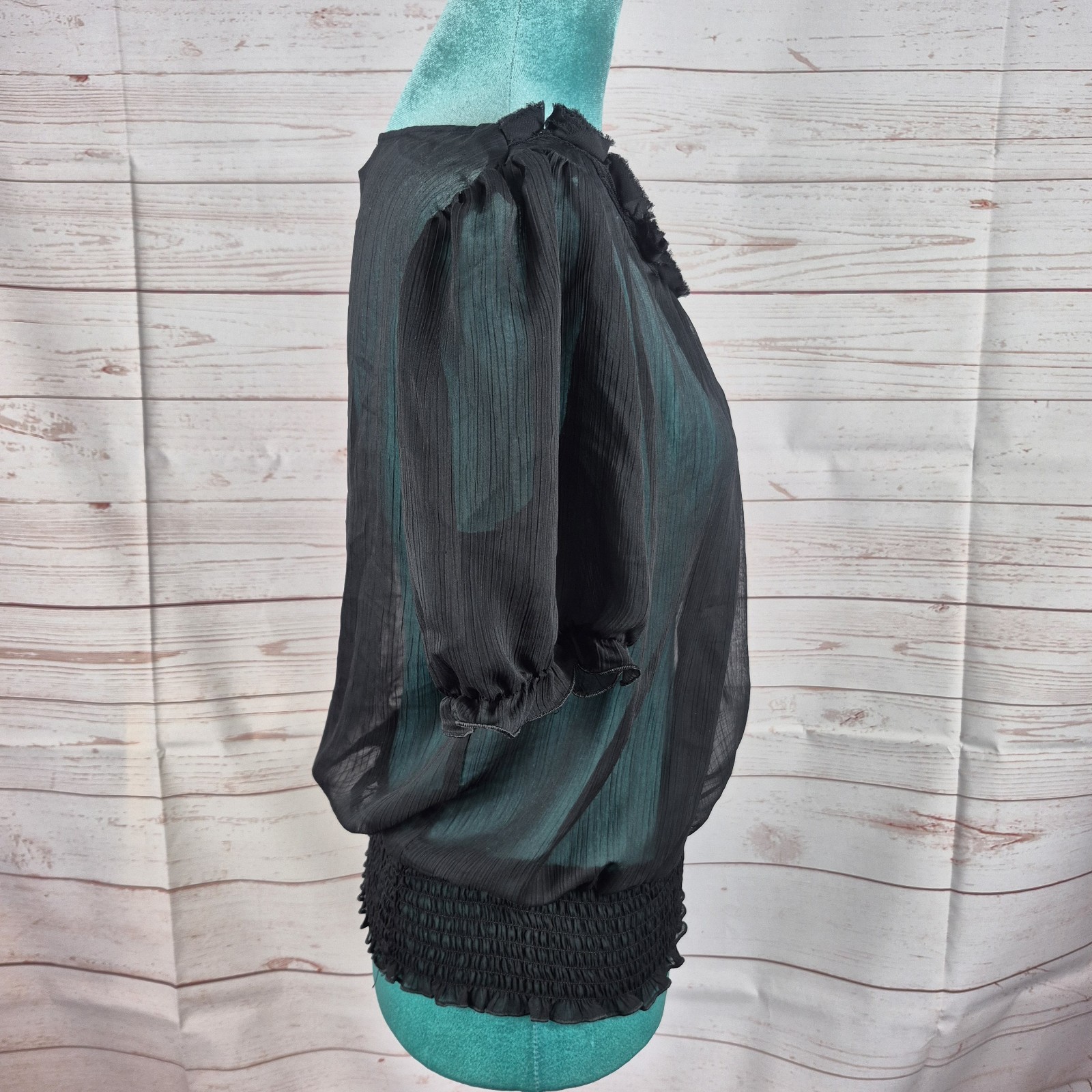B Wear Womens Black Top Sheer Blouse Sz XL Whimsigoth Witchy Rosebud Neck Detail