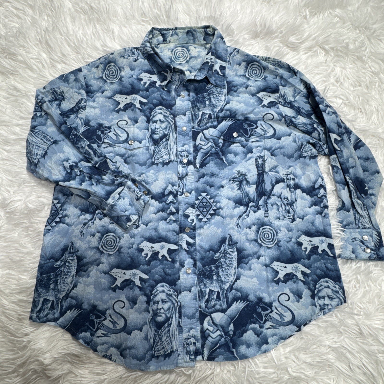 Rare! Mens Pearl Snap Shirt Western Tribal Navajo Native Print Ella Wilde XXL