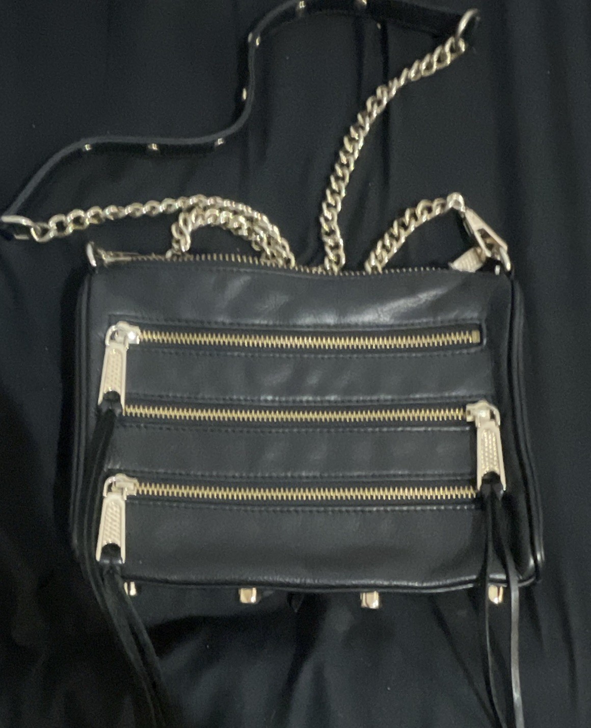 Rebecca Minkoff Black Triple Zip Crossbody Bag Chain Strap Gold Hardware