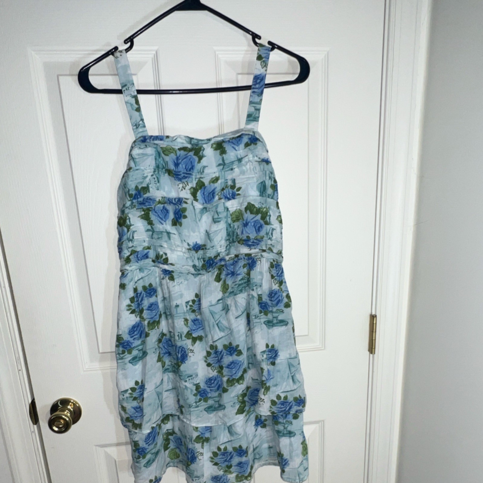 Abercrombie Kids Girls Blue Green Floral Smocked A-Line Dress 17/18 Square Neck