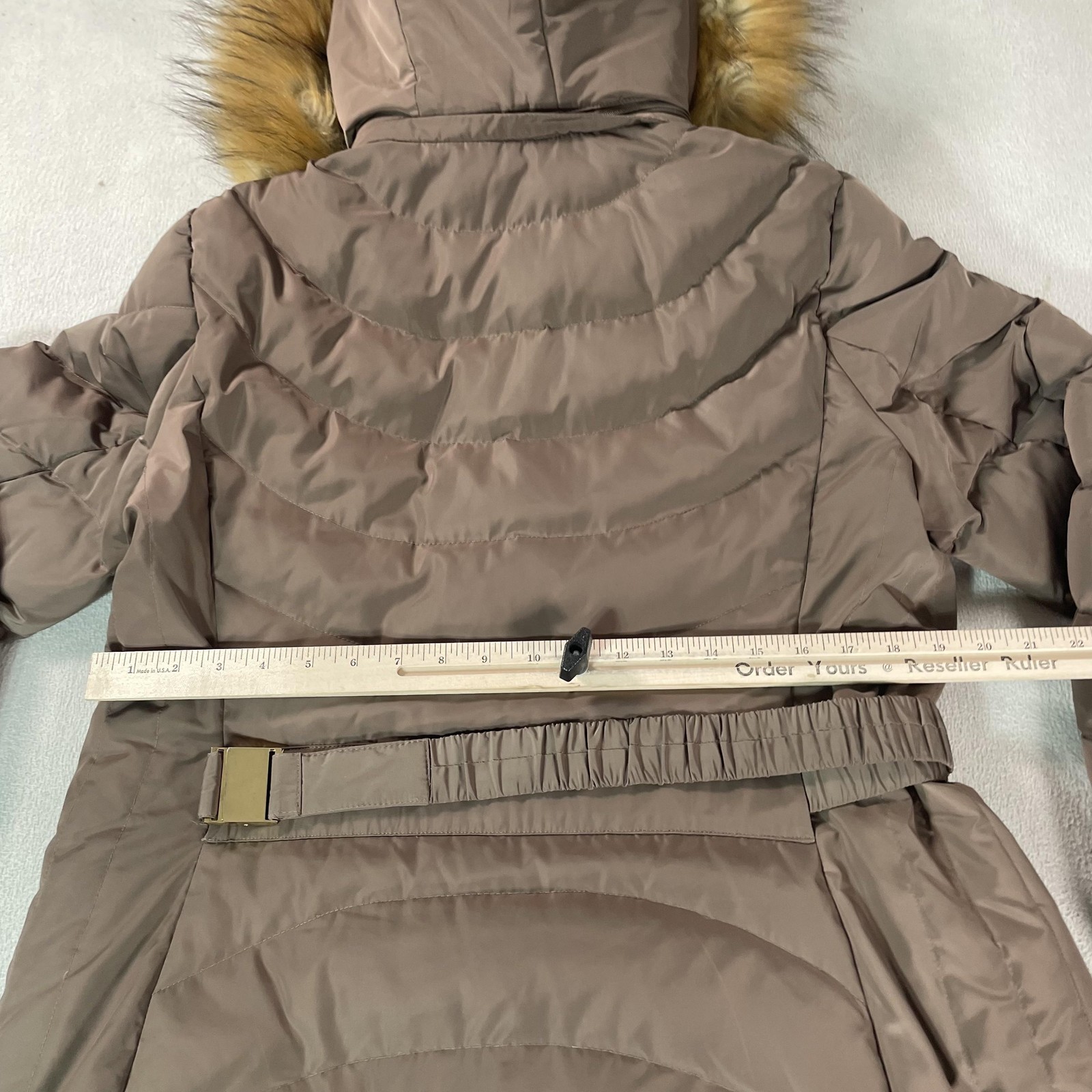 Jones New York Down Coat Womens Large Brown Puffer Hooded Fur Trim Long Parka