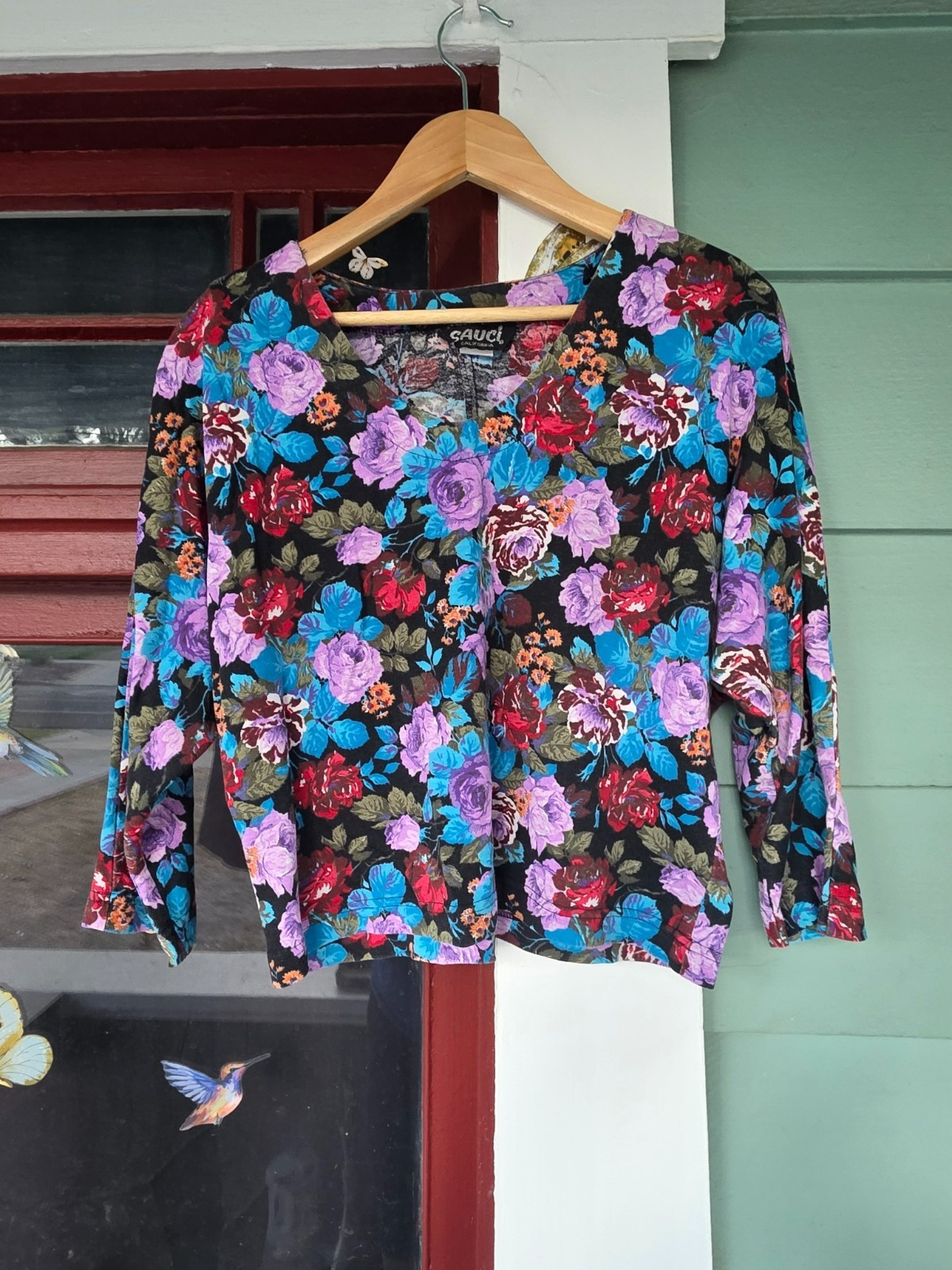 Vintage Sauci California Floral Knit Top Women’s M Black Purple Blue 90s Cottage
