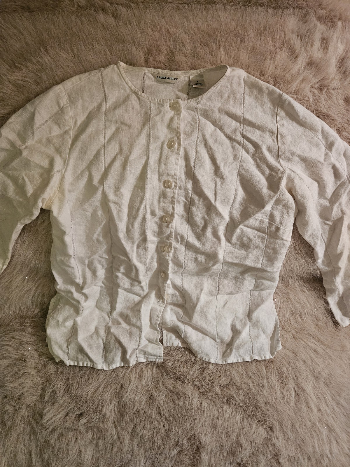Laura Ashley Womens 100% Linen Button Up Top Sz S White Ladder Stitch Boho…