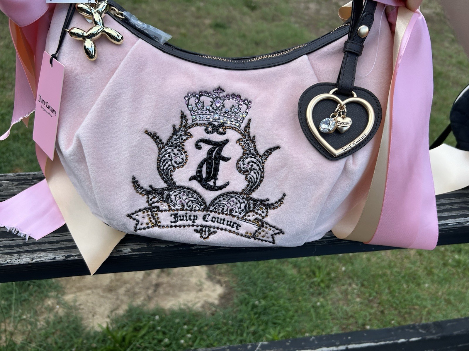 Juicy Couture Need More Juicy Pink Clay Velour Hobo Bag with Custom Gothic Crest