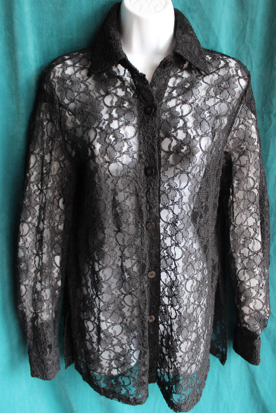 PRESTON & YORK Black Floral Lace Button Up Blouse Sz S Long Slv Top Rayon Cotton