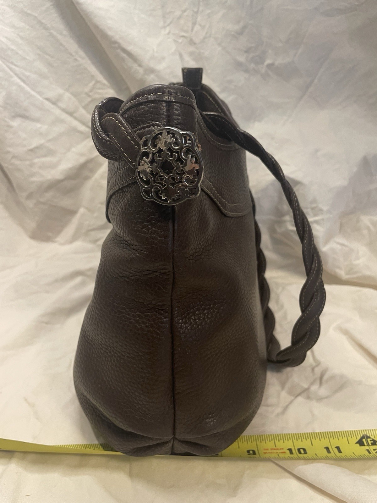 Brighton Brown Pebbled Shoulder Bag Braided Strap Floral Lining Inner Pockets