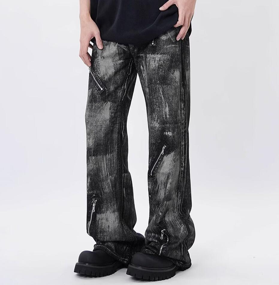 Men’s Black Denim Jeans Straight Leg Casual Zipper Pants Trousers Punk Hip Hop
