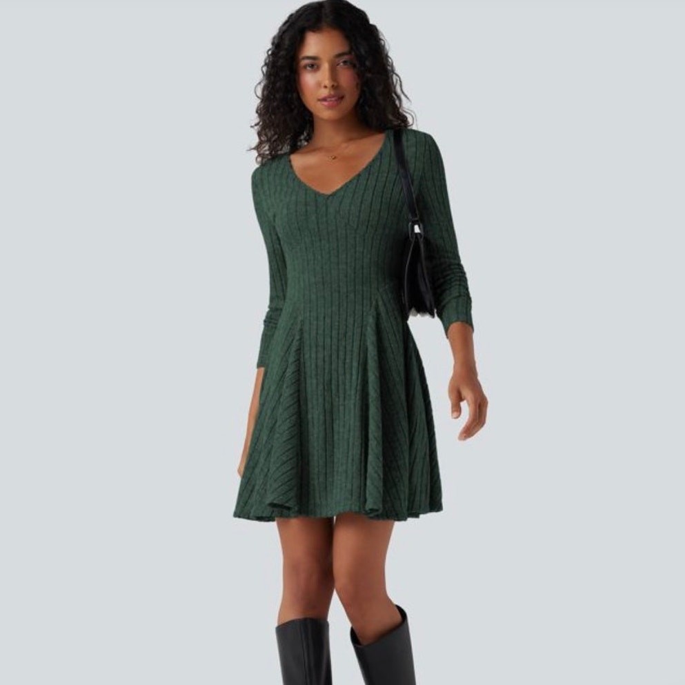 Halara Green Ribbed Fit & Flare Dress – Long Sleeve V-Neck – Size S