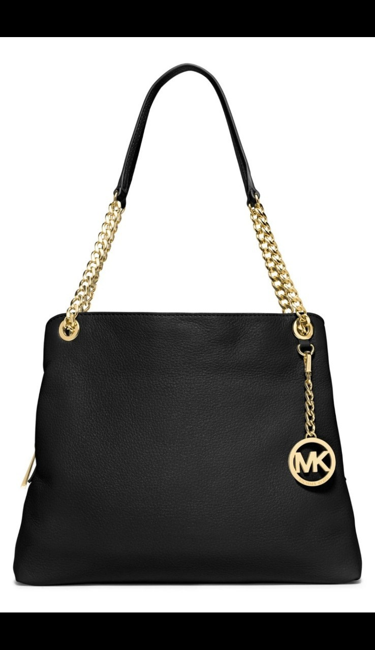 Michael Kors Black Pebbled Shoulder Bag, Gold Chain Strap, Zip/Magnetic, Charm