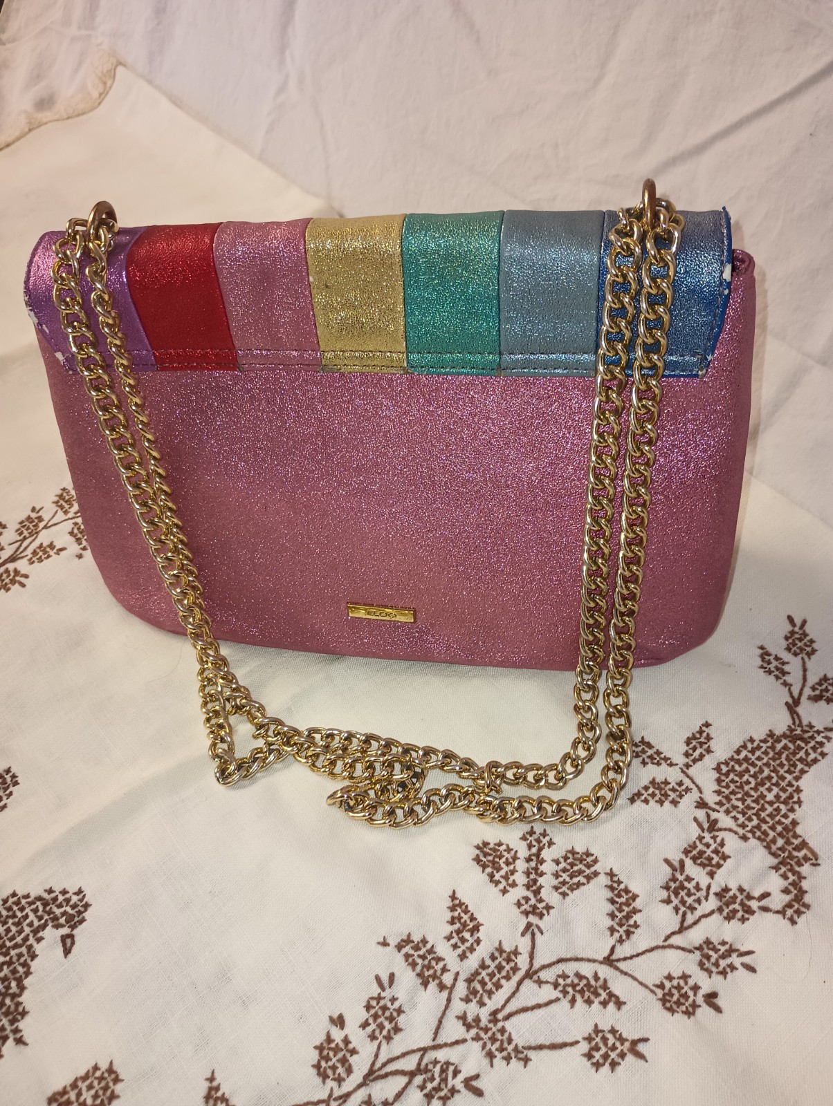 ALDO Metallic Pink Rainbow Colorblock Shoulder Bag Gold Chain Strap Clasp