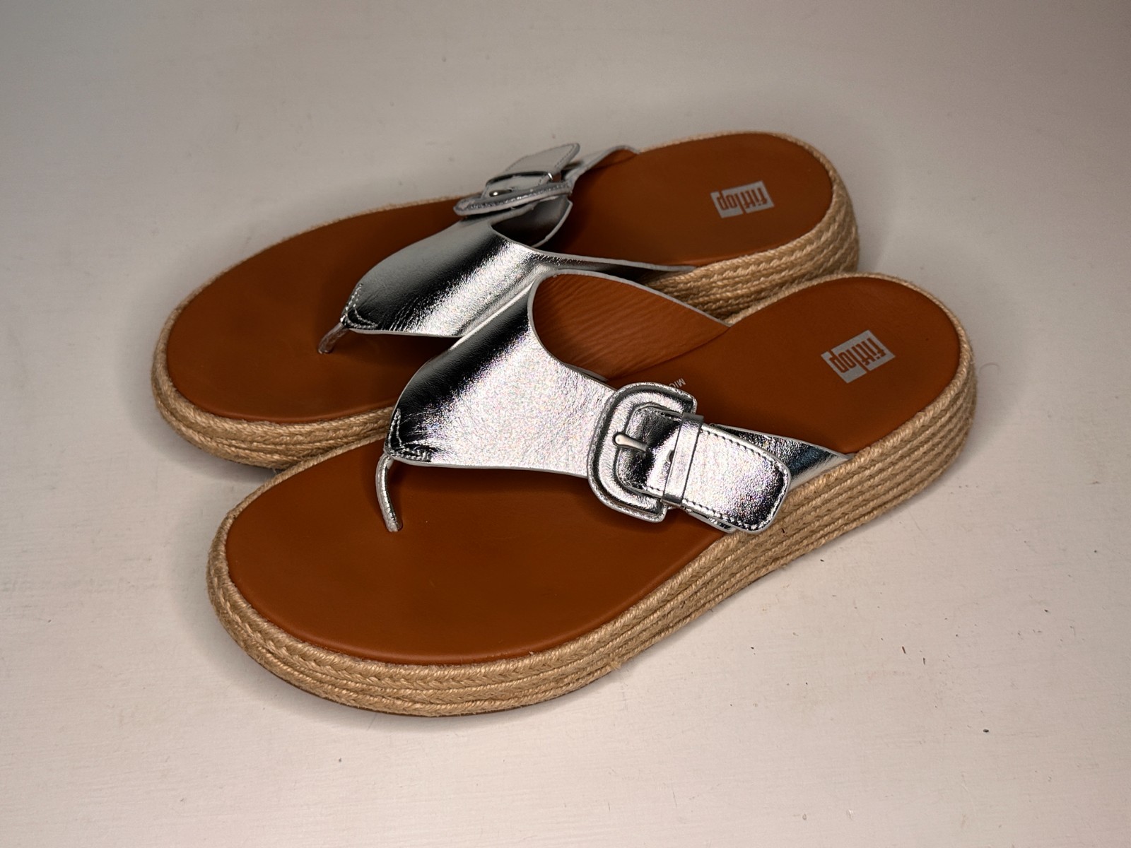 FitFlop F-Mode Silver T Strap Espadrille Toning Sandals Women Size 10