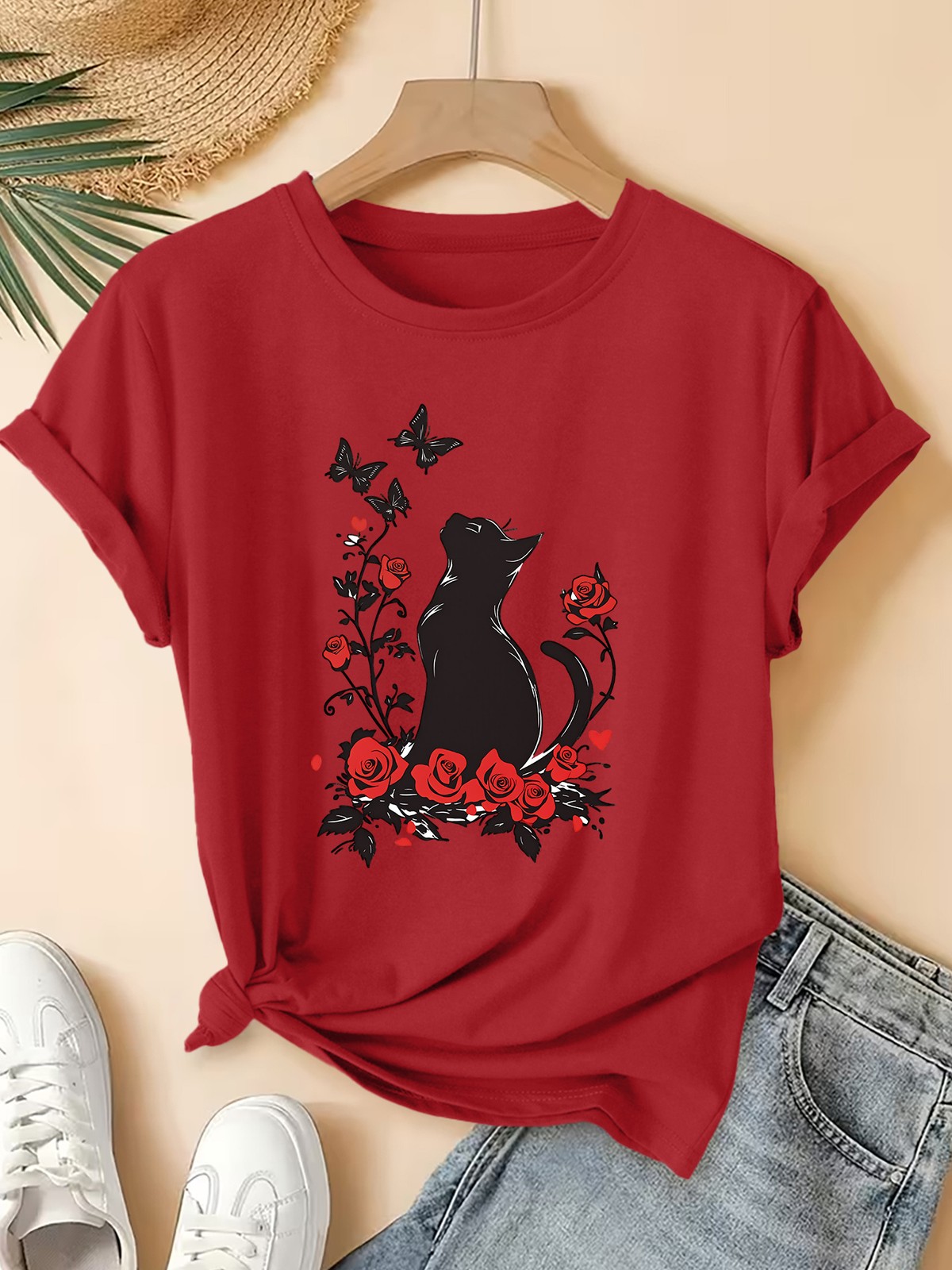 Summer Women’S Round Neck Short Sleeve T-Shirt Cat Butterfly Print Casual Top▧