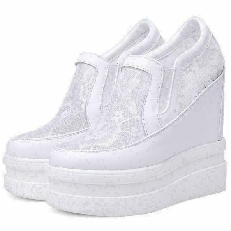 14cm Womens Leather Shoes Wedge Heel Sneakers Platform Lace Slip on Elegant Chic