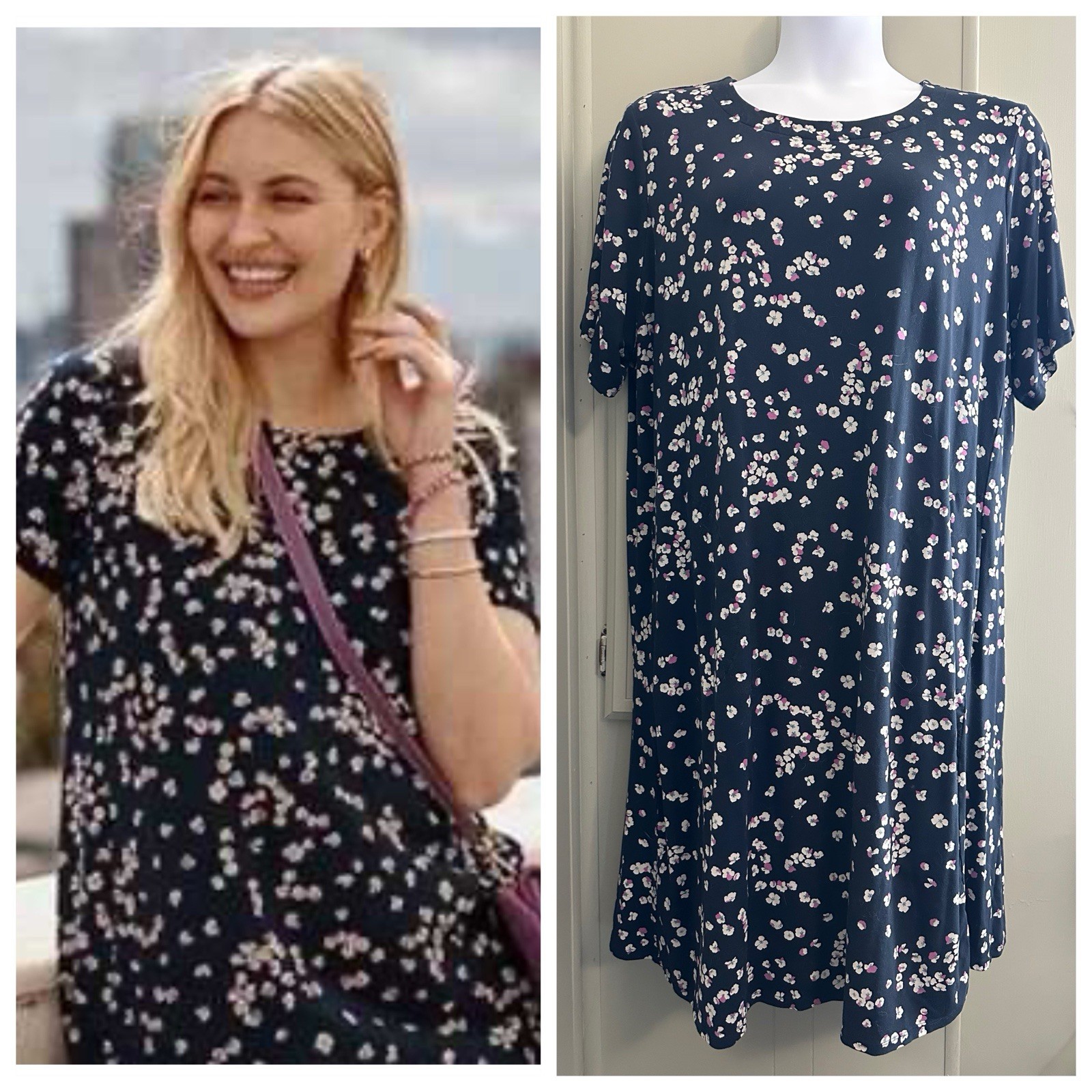 J.Jill Wearever 3X A-Line Dress Navy Pink Floral Ditsy Pockets Short Sleeves