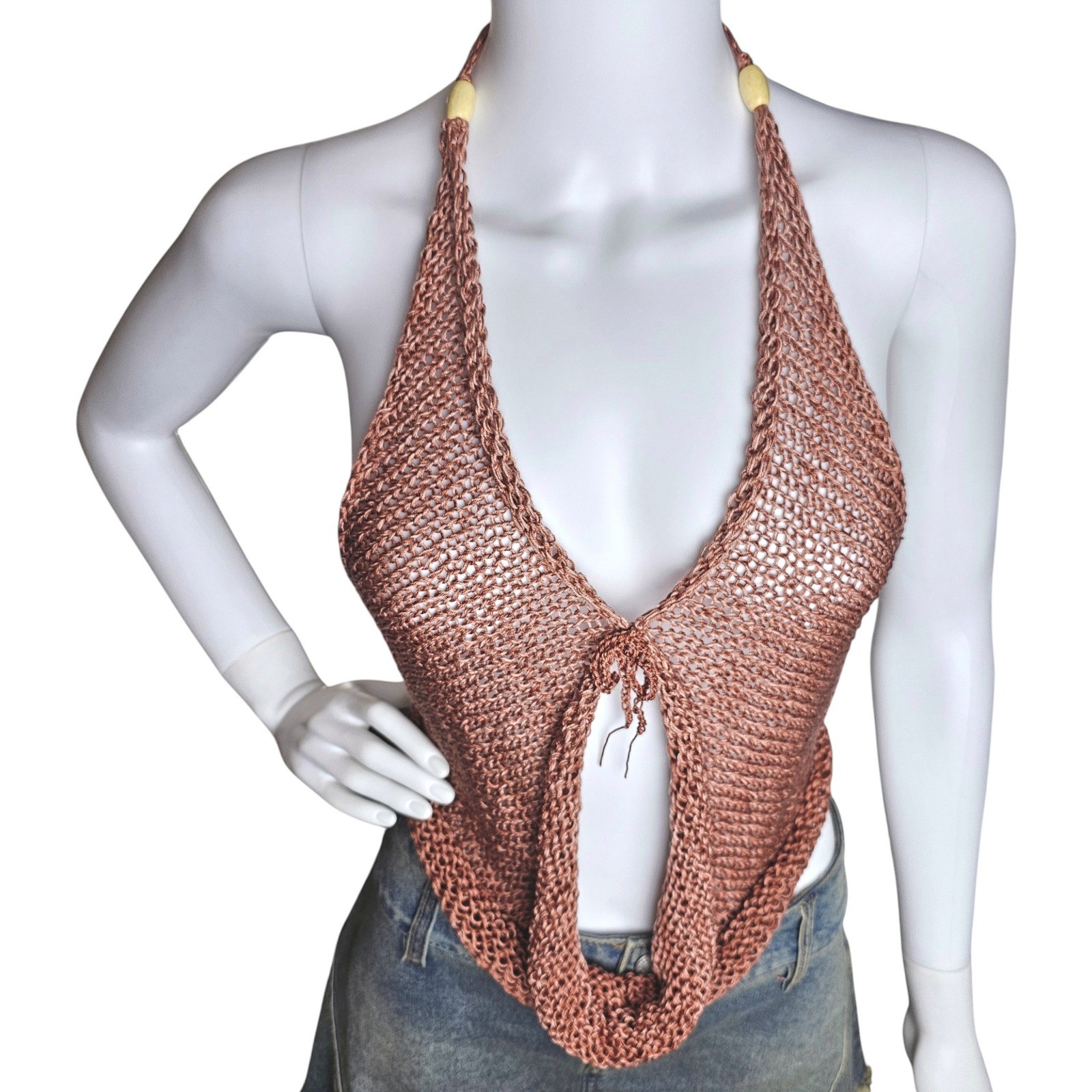Handmade Knit Halter Top Copper, Bead Accent, Boho Festival Wear
