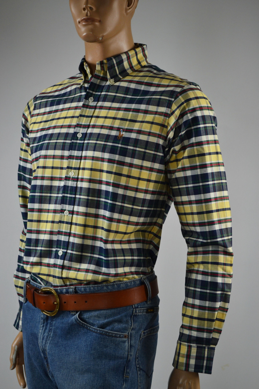 Ralph Lauren Custom Fit Yellow,Navy Plaid Long Sleeve Shirt Pony-Small-NWT