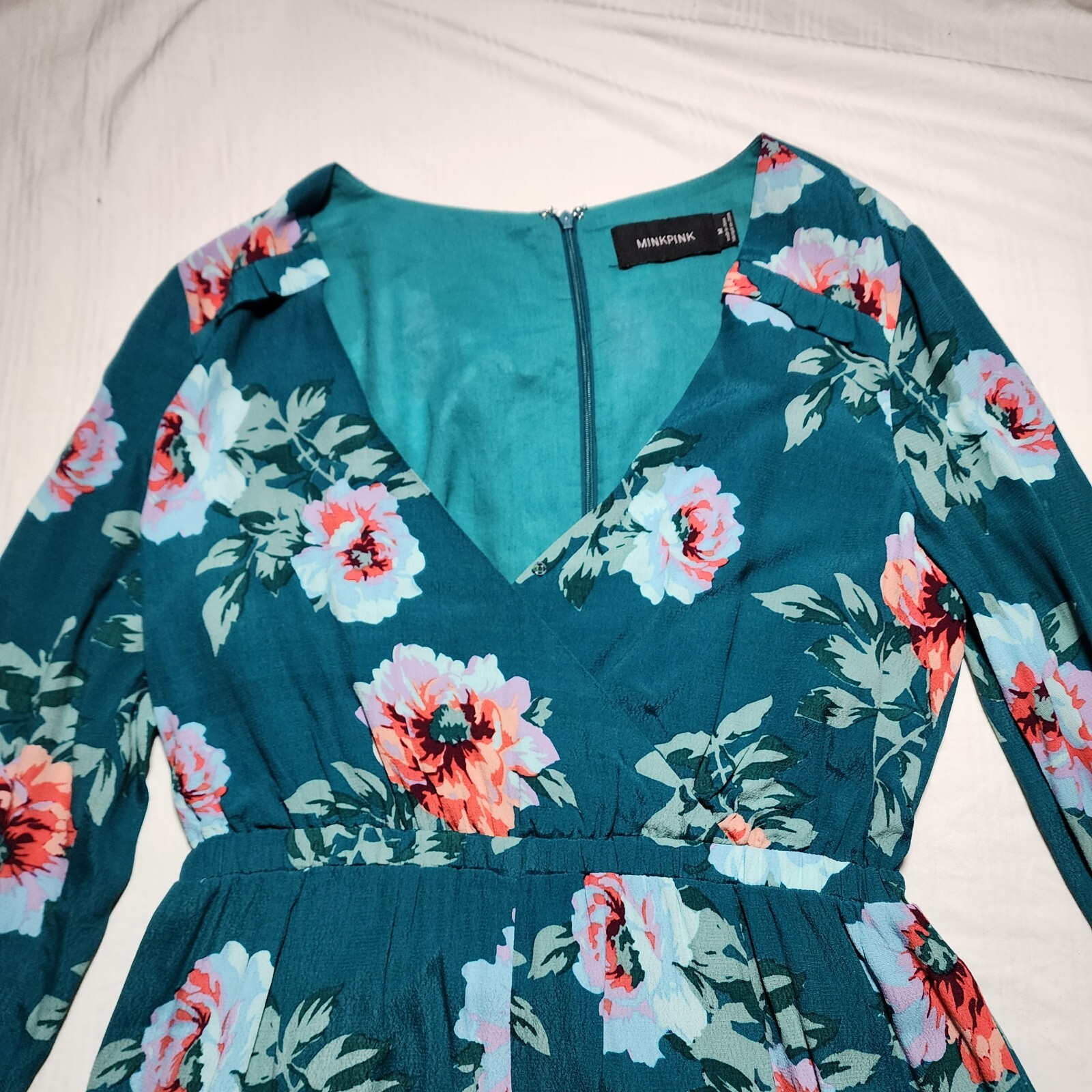 Minkpink Romper Womens Medium Green Pink Floral Short Long Sleeve Ruffles V Neck
