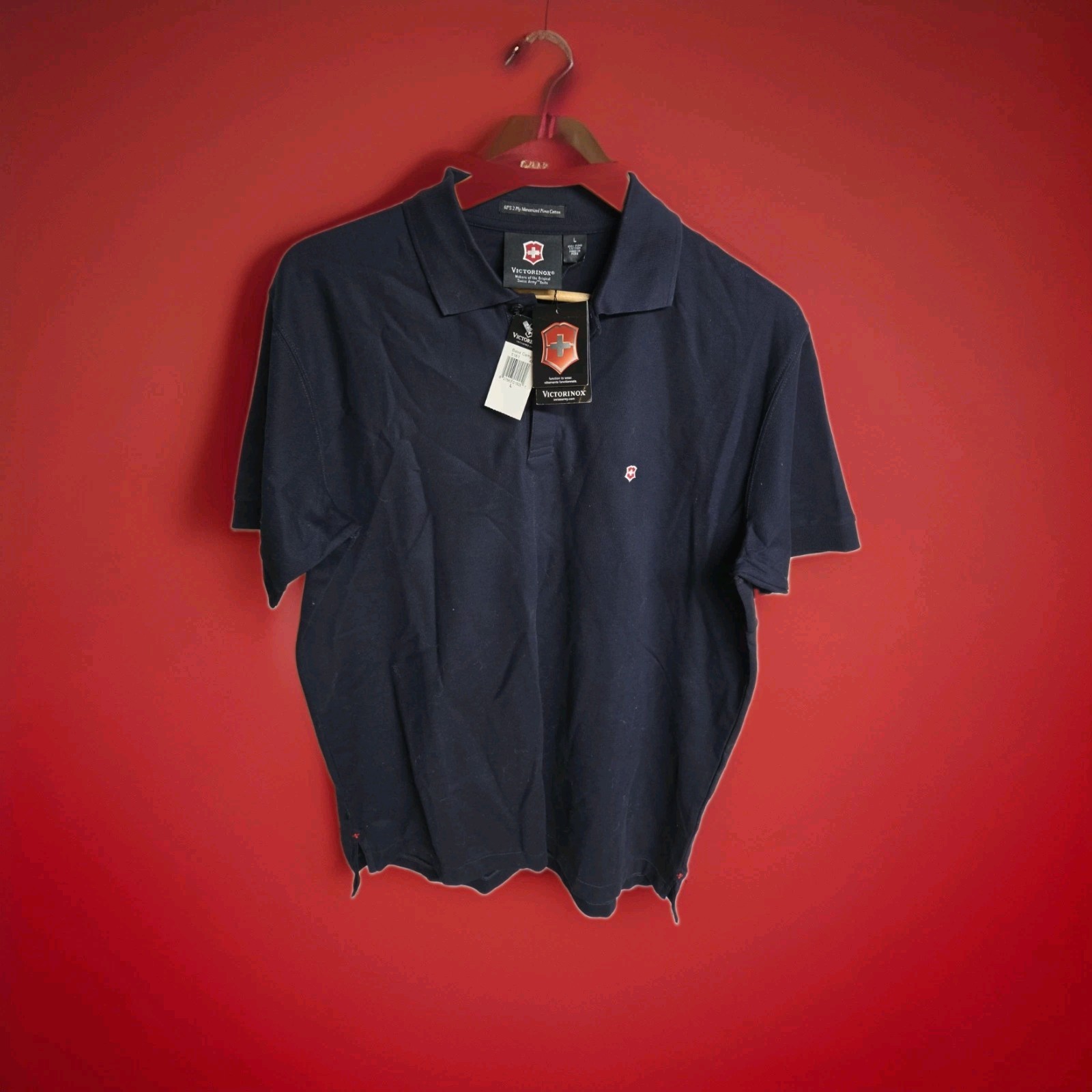 Victorinox Men L Short Sleeve Polo Navy Swiss Army Shirt Mercerized Pima Cotton