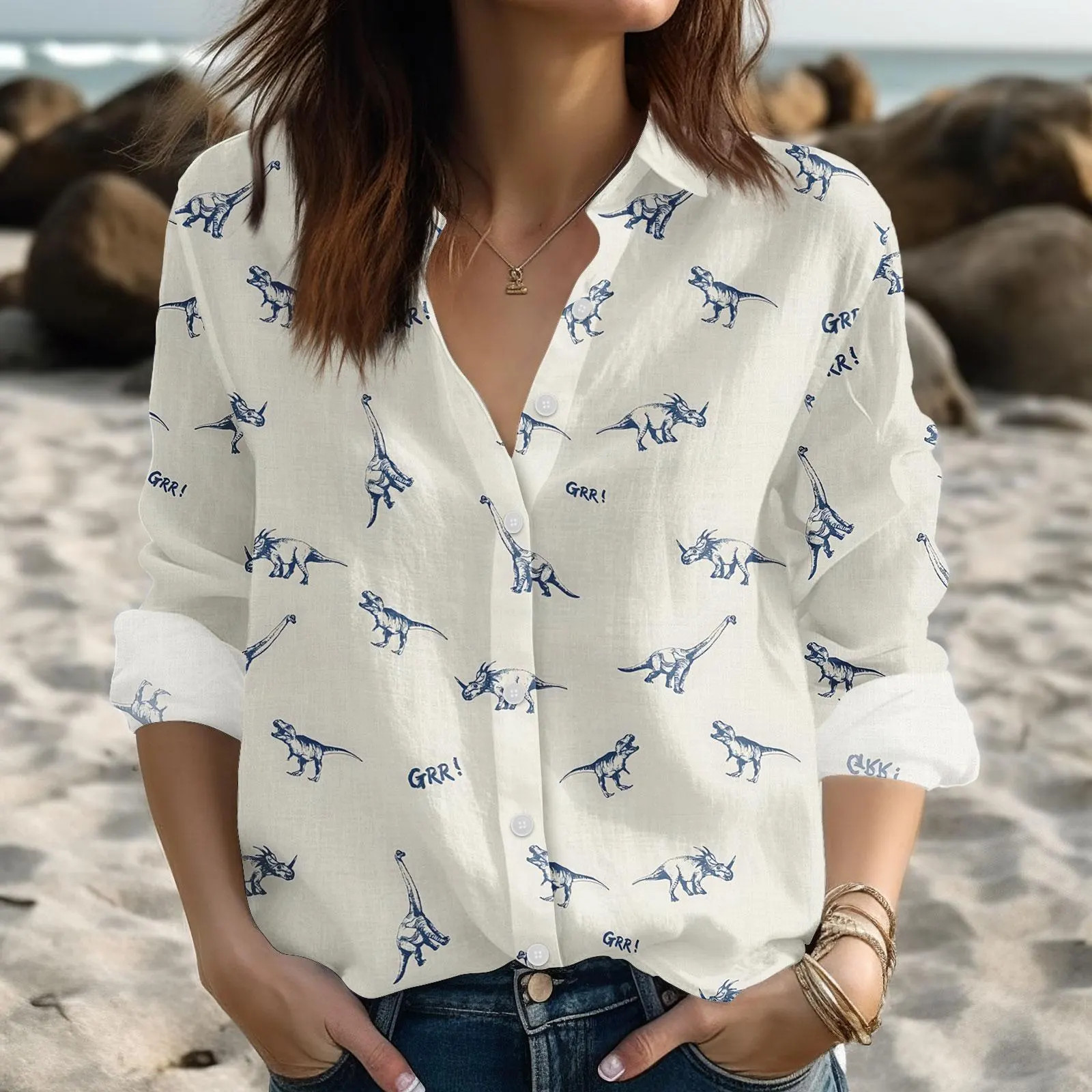 Funny Blue Dinosaur Blouse GRR! T-Rex Pattern Top Jurassic Vacation Gift
