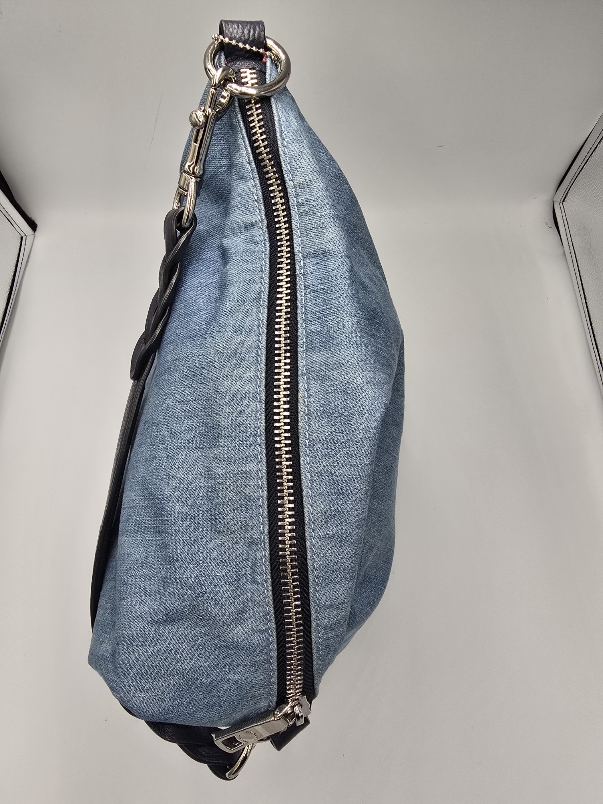 COACH 91452 Abby Duffle Shoulder Bag Light Blue Denim Navy Leather Trm Coral Int