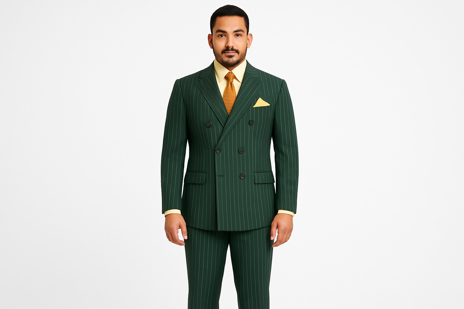VINCI Hunter Green Men’s 6 Button Striped Double Breasted Classic Fit Suit