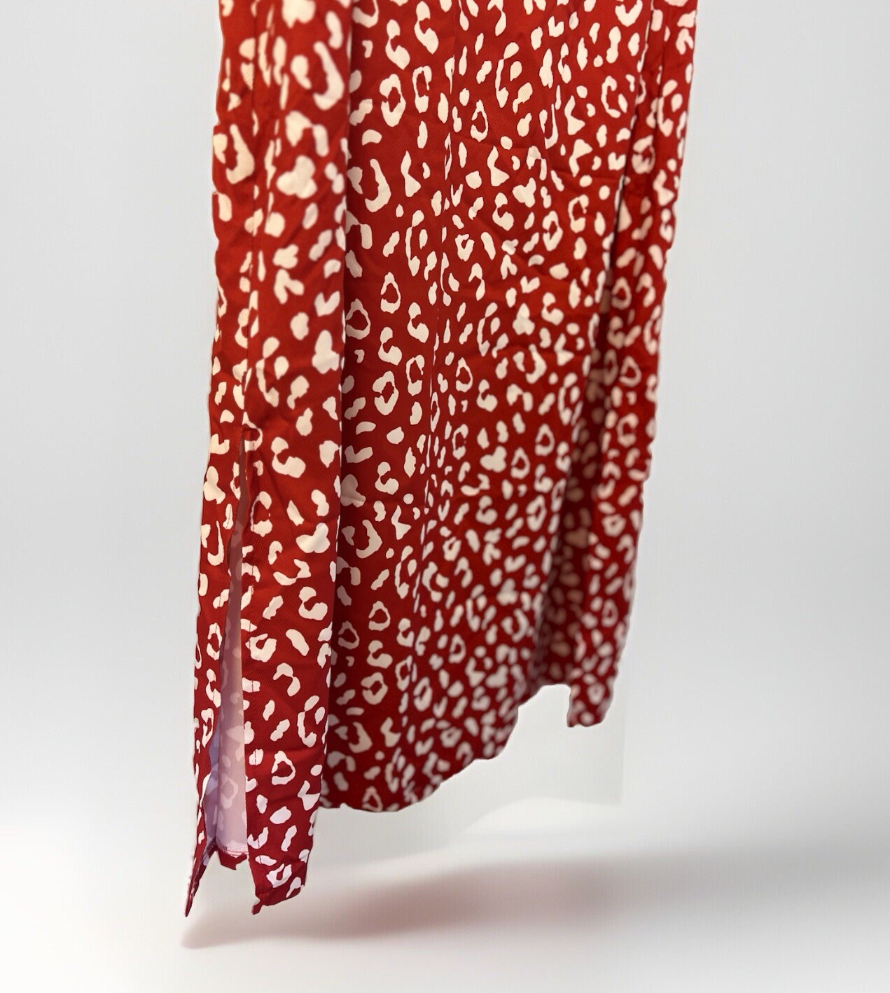 Lyaner Red Animal Print Patterned Satin Midi Skirt With Slit On Side, Size L