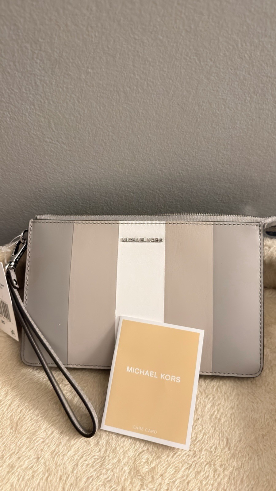 Michael Kors Women’s Striped Zip-Around Wristlet Wallet Wrist Strap Gray