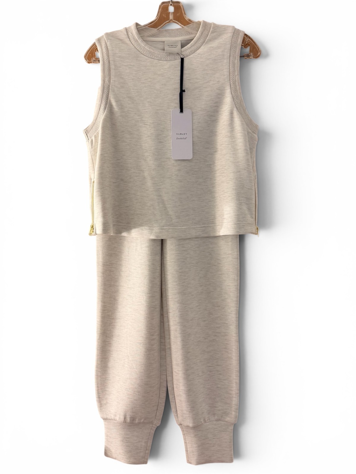 NWT Varley DoubleSoft Lounge Set Ivory Marl Shea Crop Tank S Slim Cuff Pant XS