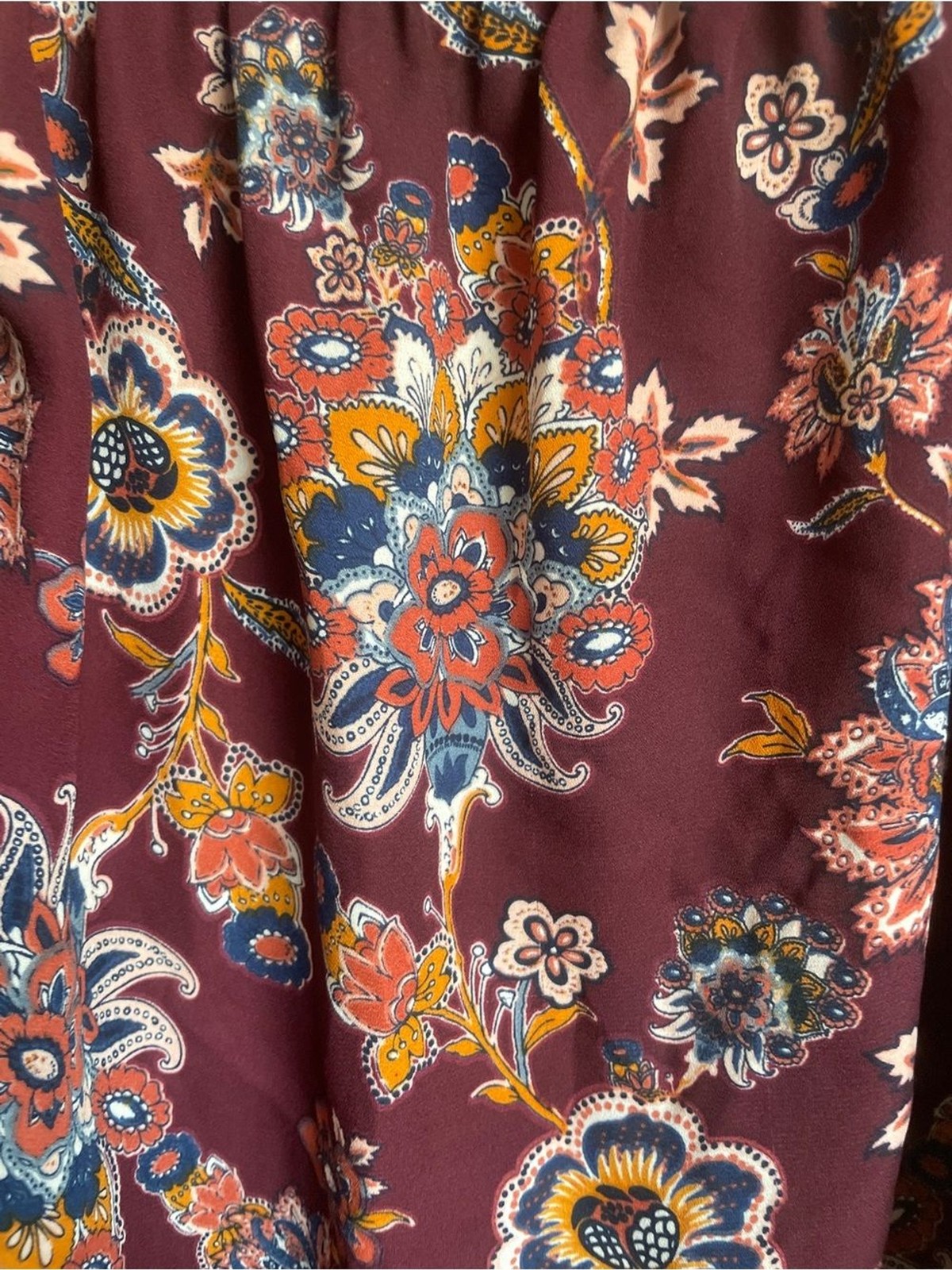 Ambiance Maroon Floral Off Shoulder Blouse Elastic Neck Flowy Top Size Small