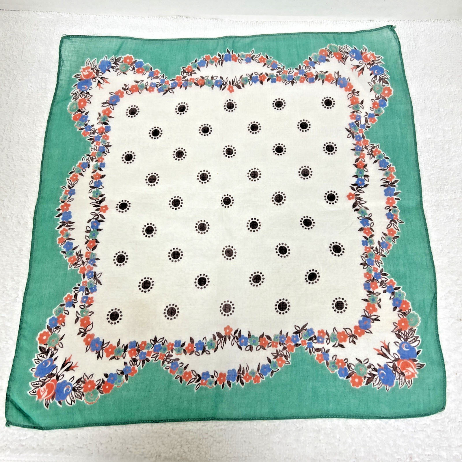 Vintage Teal Green w Blue Orange Floral Brown Polk A Dots Hankie 13 inch