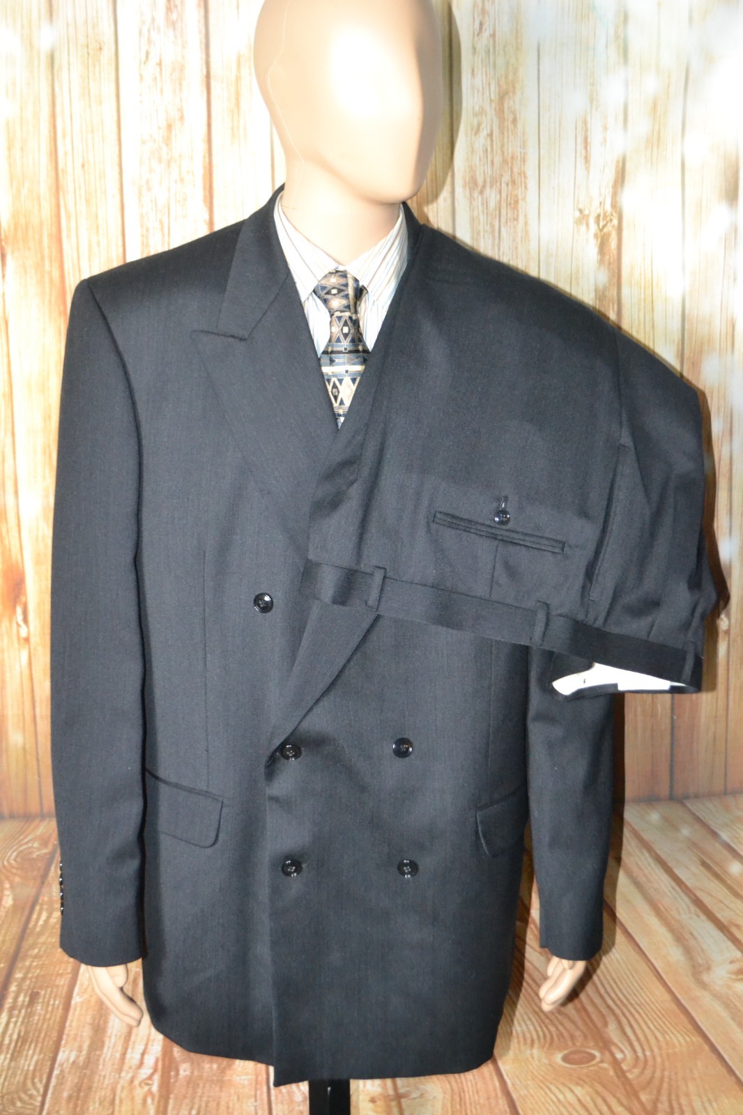 Jones New York Men Black Double Breasted 6 Button Suit Sz 46L Wst 40×34