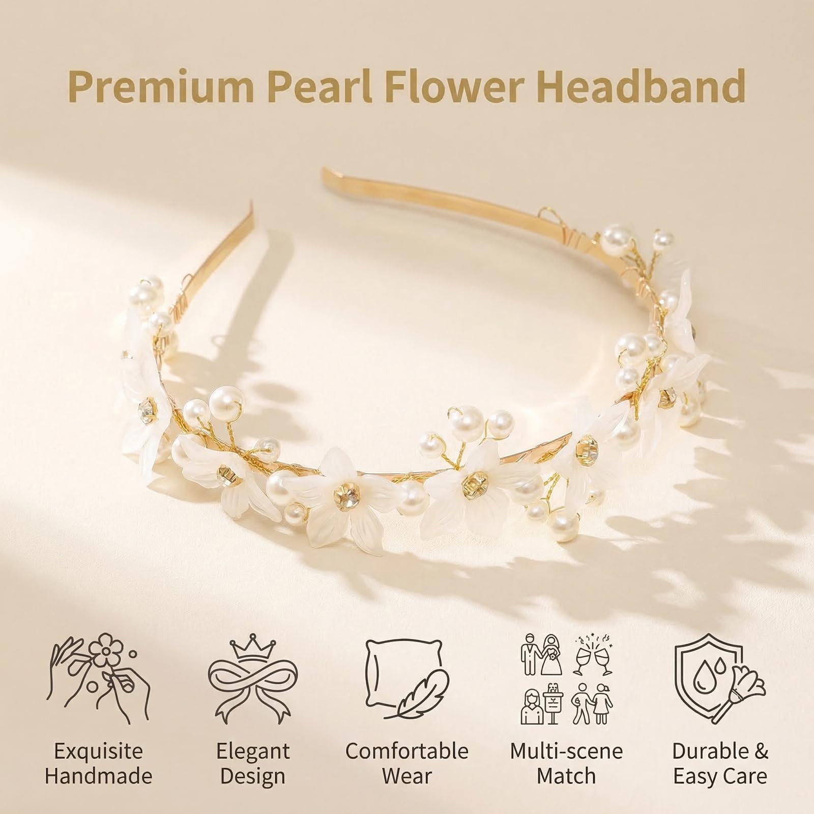 1 Piece 14cm Gold Pearl Flower Headband, Rhinestone Decor Floral Hair Hoop, E…