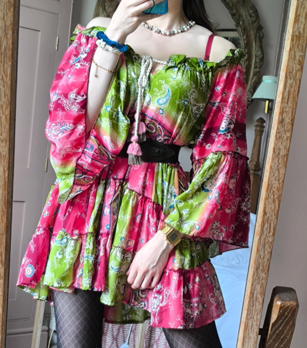 BOHO Faux Silk Flared Fluonce Sleeve Tiered Tunic Paisley Mini Dress 8 10 12 14