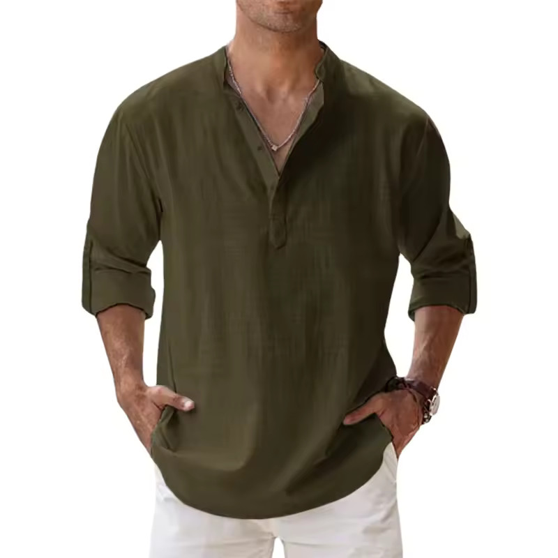 Men’s Cotton Linen Henley Long Sleeve Shirt Casual Beach T-shirt Tee Summer Gift