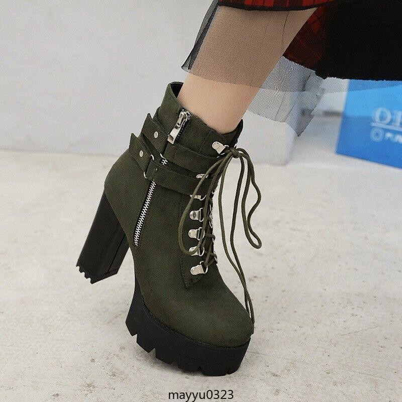 Women’s Ankle Boots HIgh Chunky Heel Shoes Platform Lace Up Zip Buckle Oversize